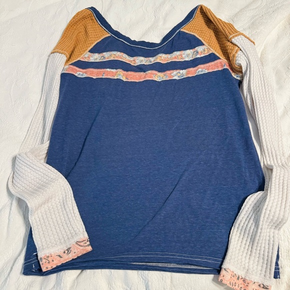 Free People Mixed Media Patchwork Embroidered Thermal Long Sleeve Shirt Top - Picture 6 of 6